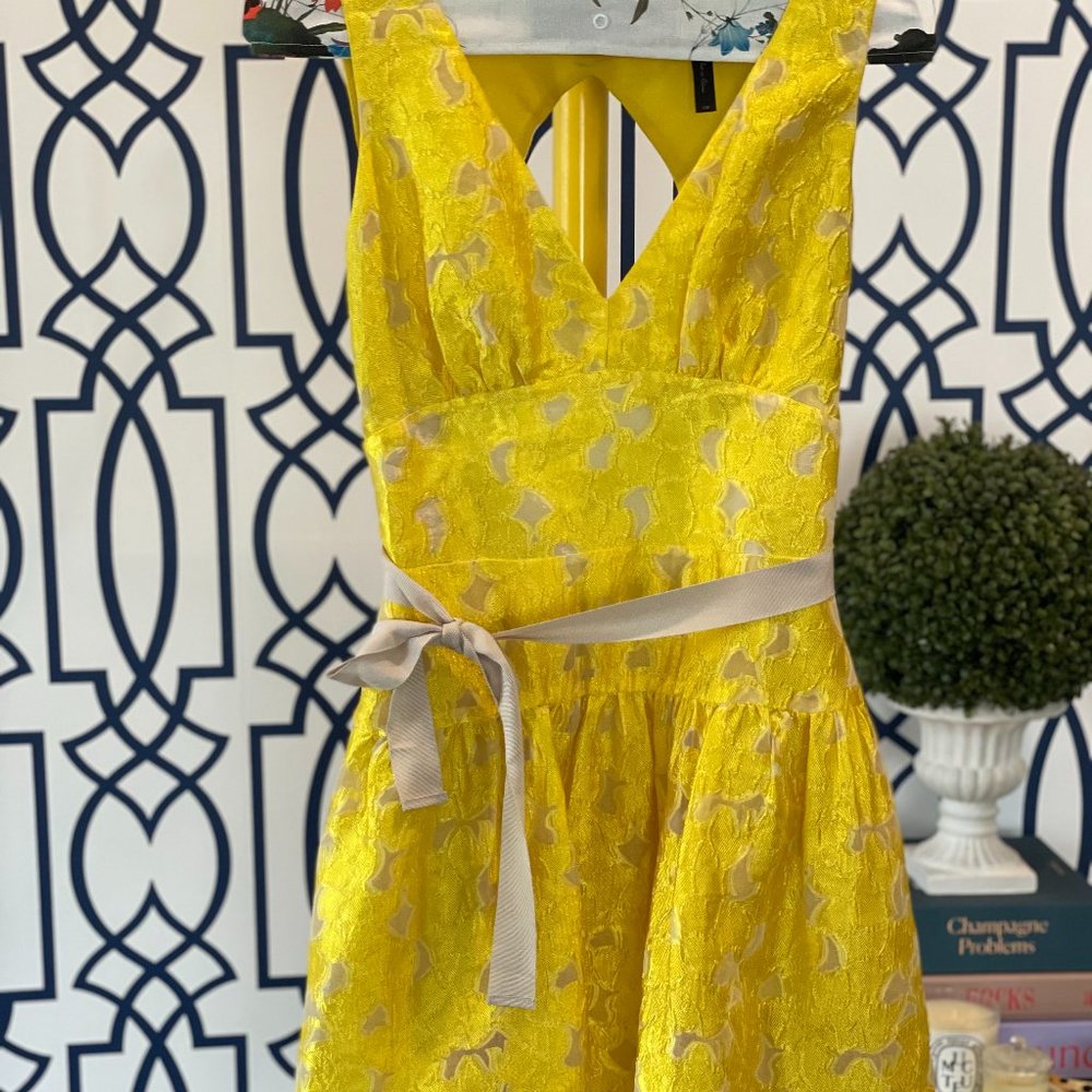 BCBG yellow brocade dress with ribbon belt